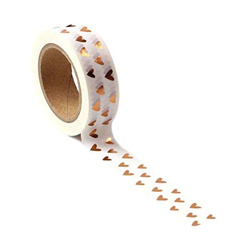 Syntego White with Rose Gold Foil Hearts Washi Tape 15mm x 10m - Self-Adhesive Decorative Tape; for