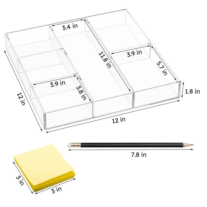 HIIMIEI Acrylic Drawer Organizer, 6 Section Clear Makeup Tray Organizer for Drawer Office