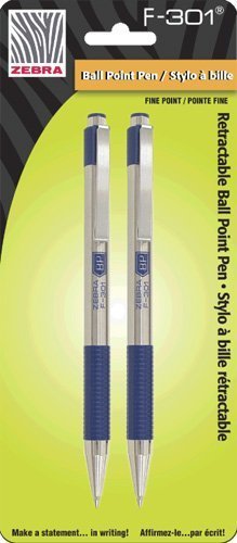 Zebra F-301 Stainless Steel Retractable Ballpoint Pen, 0.7mm, Blue, 6-Pack (27120)