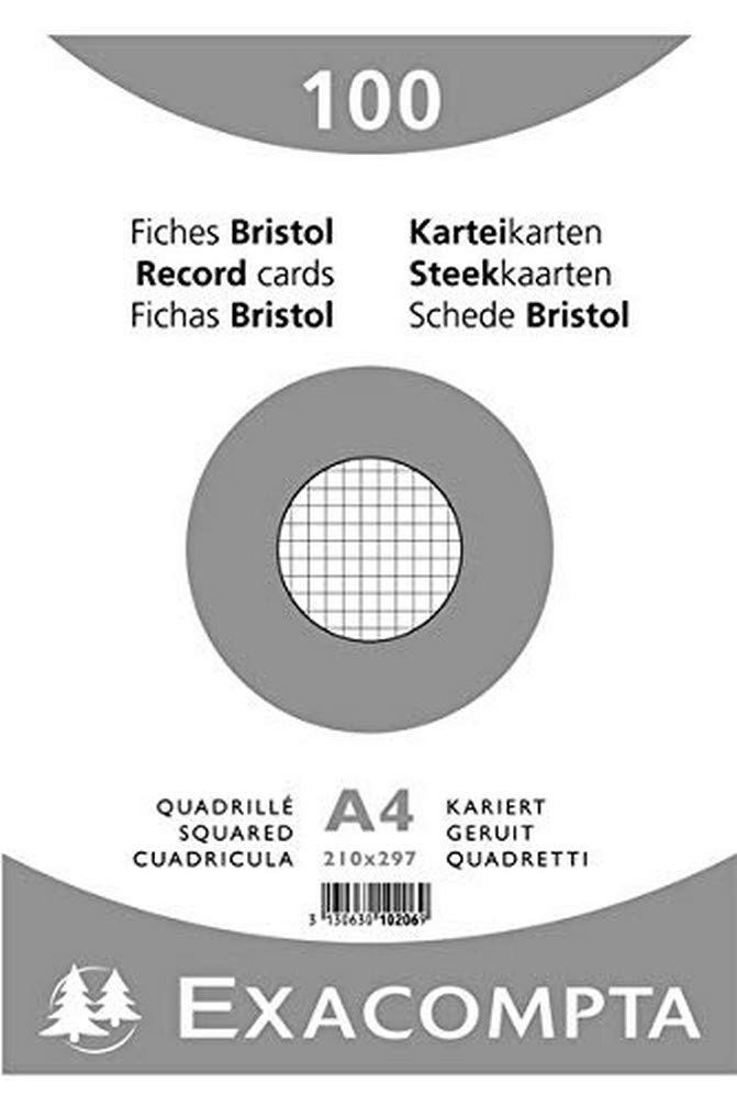 Exacompta - Ref 10206E - Bristol Squared Record Cards (Pack of 100) - A4 in Size, 205gsm Card