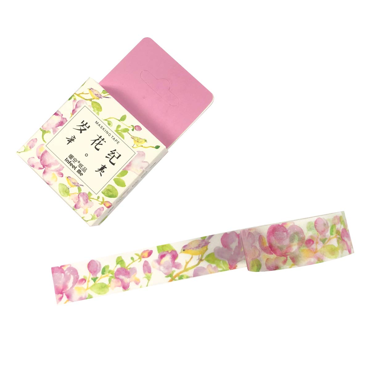 Wrapables Flowers and Greens Washi Masking Tape, 15mm x 7m Birds & Pink Floral