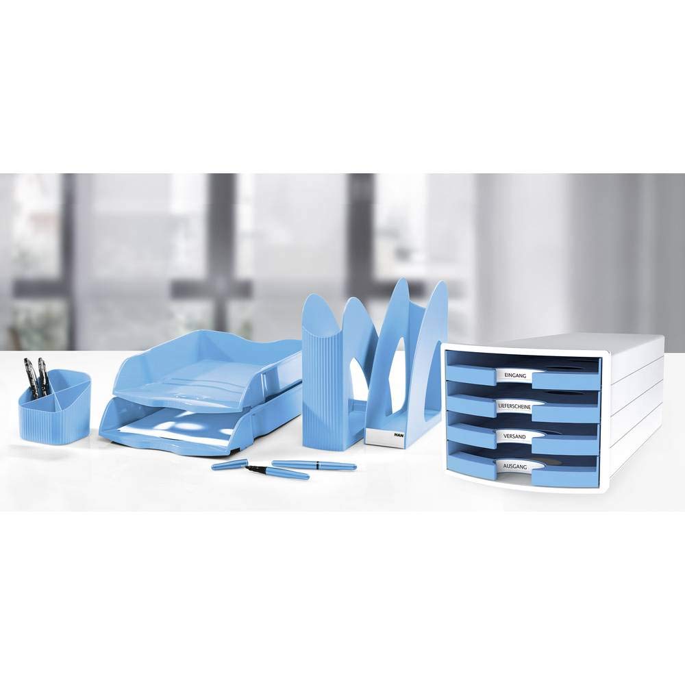 Han Impuls Drawer Box DIN A4/C4 4 Open Drawers White/Trend Colour Light Blue