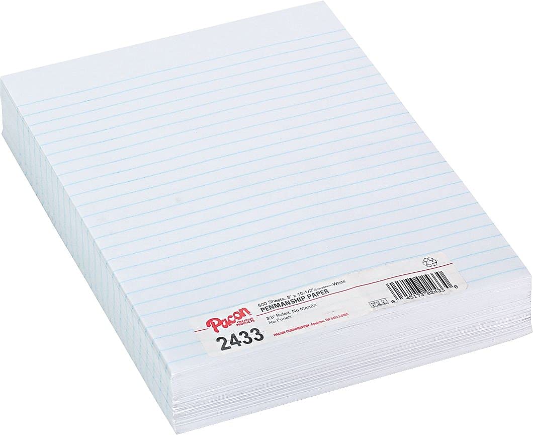 Pacon 2433 Composition Paper, 3/8-Inch Ruling, 16 lbs., 8 x 10-1/2, White, 500 Sheets/Pack (PAC2433)