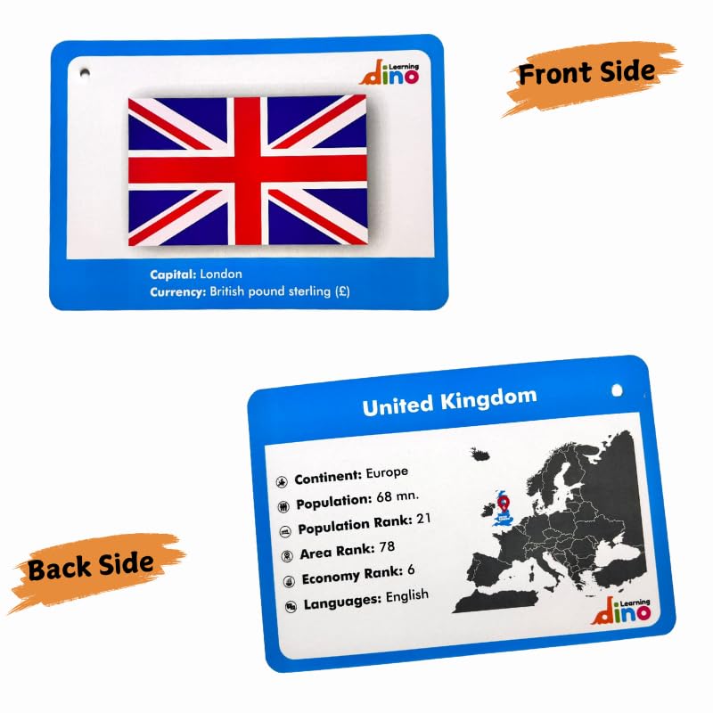 Flags of The World Flashcards | Covers 50 Countries with Country Flag, Map, Economy, Language