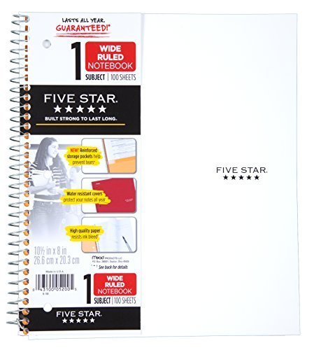 Five Star Spiral Notebook + Study App, 1 Subject, Wide Ruled Paper, 8" x 10-1/2", 100 Sheets