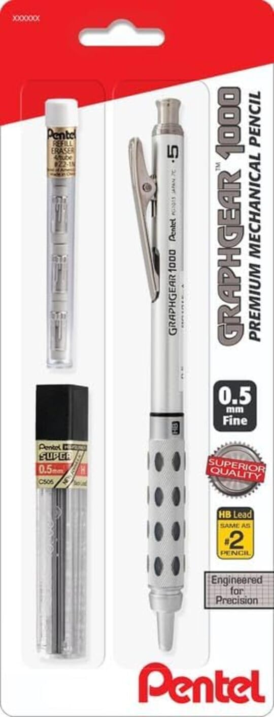 Pentel GraphGear 1000 Automatic Mechanical Pencil 0.5mm - Includes Lead Refills & Eraser