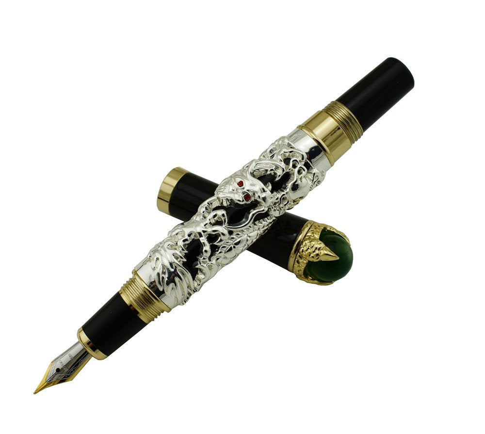 Jinhao Dragon Fountain Pen Fine Nib Silver Color Playing Pearl, Green Jewelry with Pen Pouch