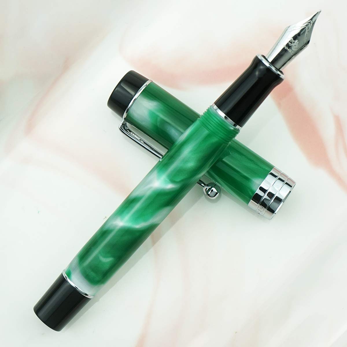 Jinhao 100 Fountain Pen Classic Style Green White Marble Acrylic, Fine Point with Converter and