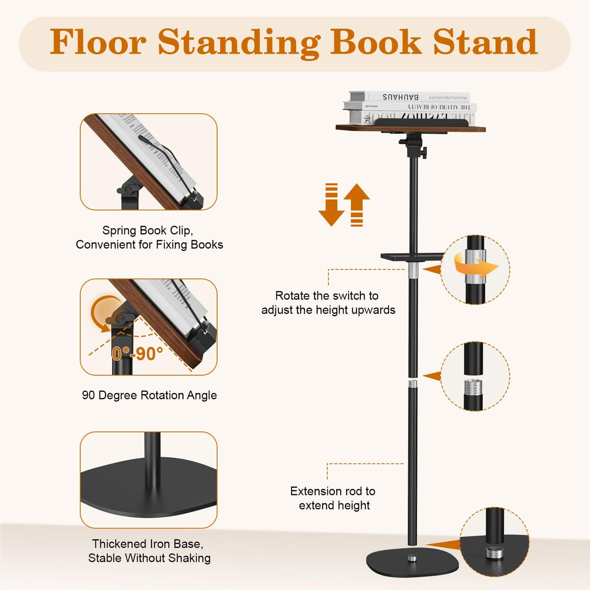 Snughome Floor Book Stand with Removable Tray, Wood Standing Book Stand for Reading, Height