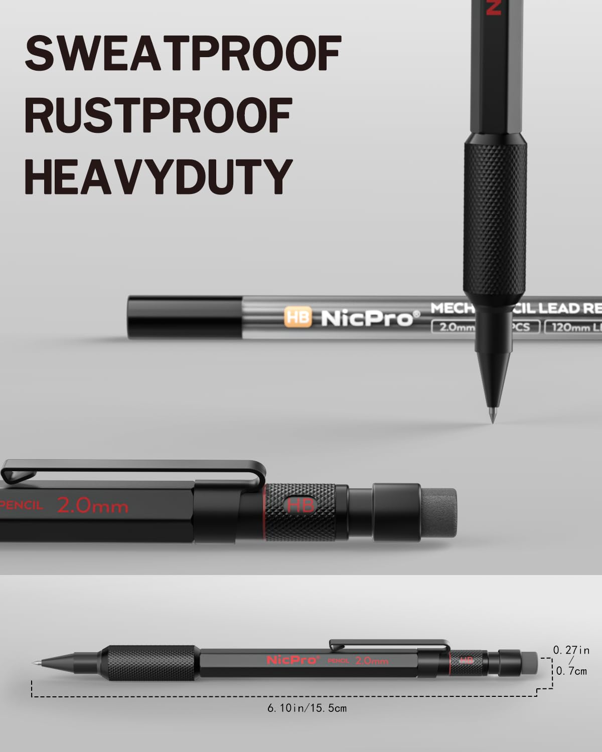 Nicpro 2mm Metal Mechanical Pencils Set with Case, 3 Pack Black