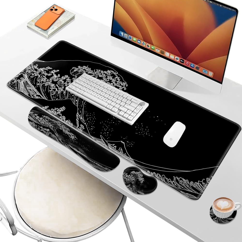 Desk Pad and Keyboard Wrist Rest, Large Mouse Pad + Keyboard Pad+Mouse Wrist Support, Non-Slip Desk
