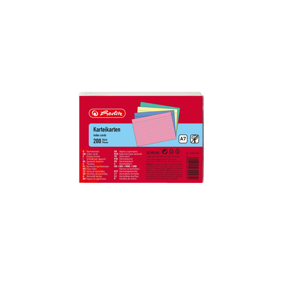 herlitz 10836245 Index Cards A7 Ruled Assorted Colours Pack of 200