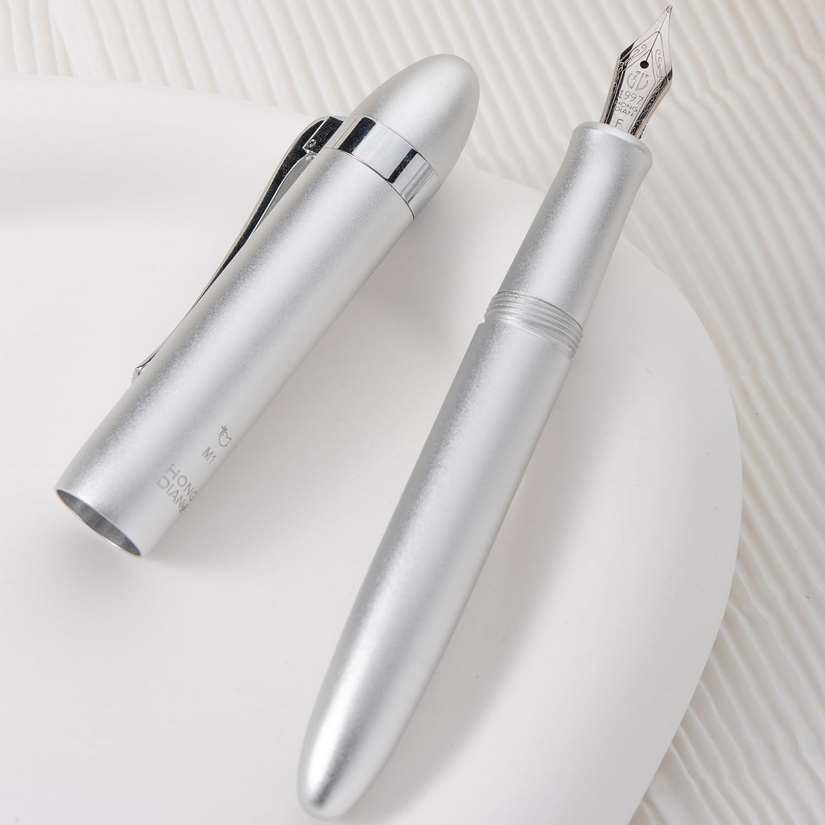 HONG DIAN M1 Fountain Pen Fine Nib, Silver & Submarine Shape Aluminium Short Mini Pocket Travel Pen