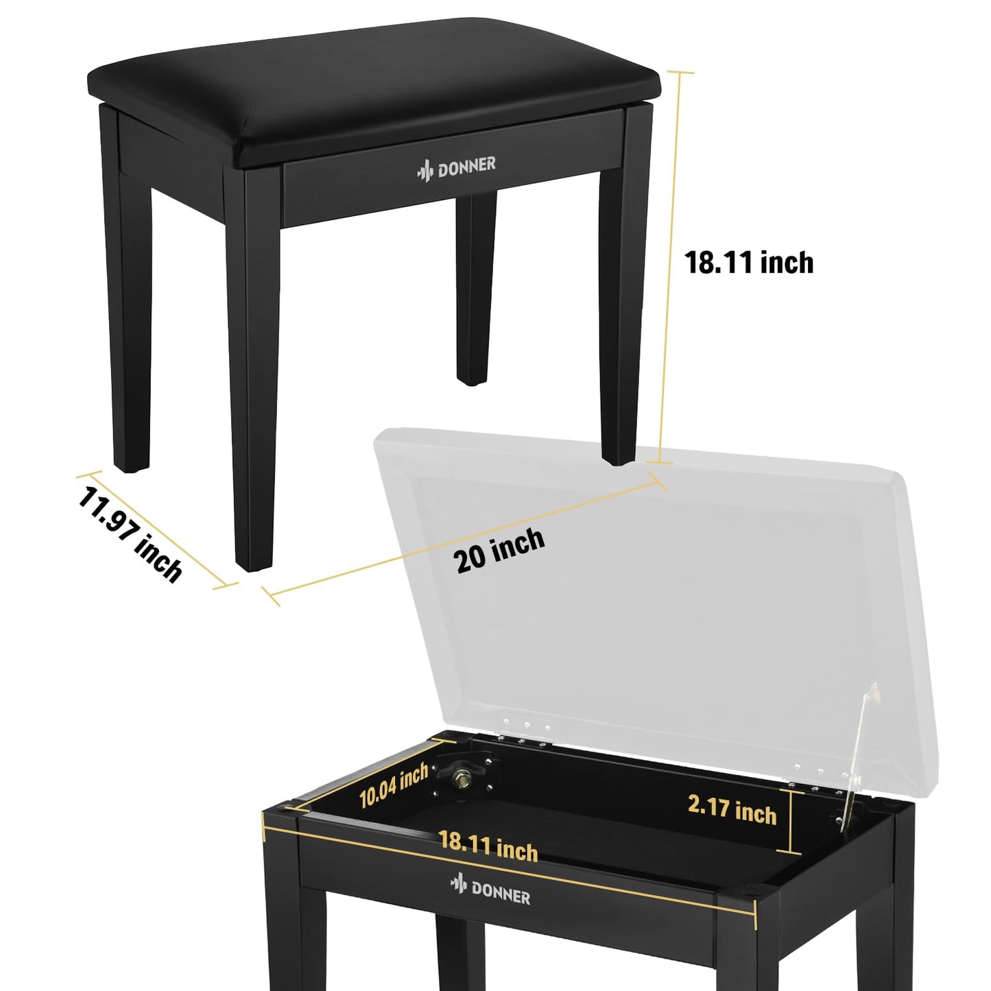 Donner Piano Bench with Storage, Solid Wood Keyboard Bench Piano Bookcase Stool Chair Seat with
