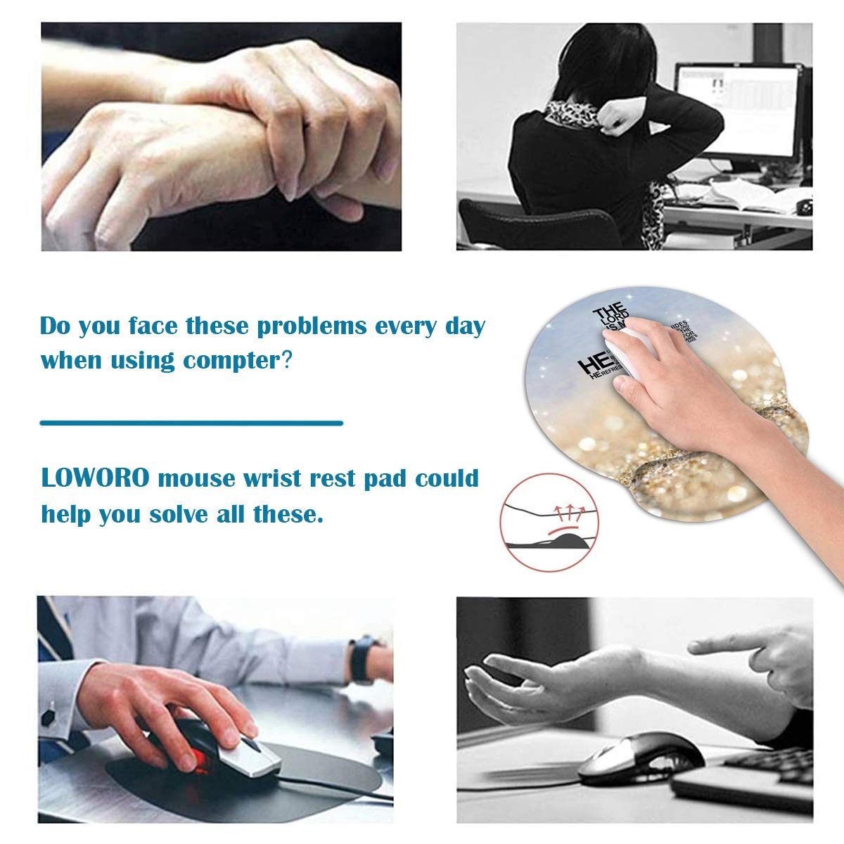 LOWORO Ergonomic Mouse Pad Wrist Support with Coasters Set, Rainbow Glitter God Jesus Christian