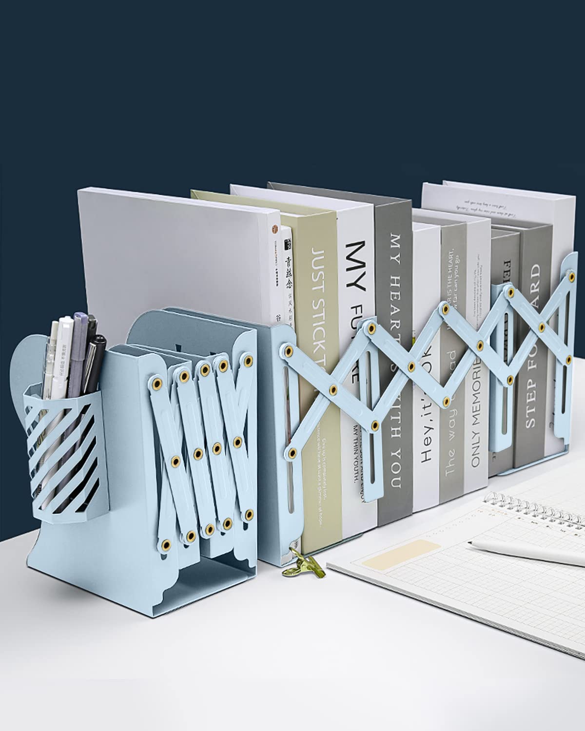 MSDADA Adjustable Bookends, Book Ends for Heavy Books, Expandable Book Organizer with Pen Holder