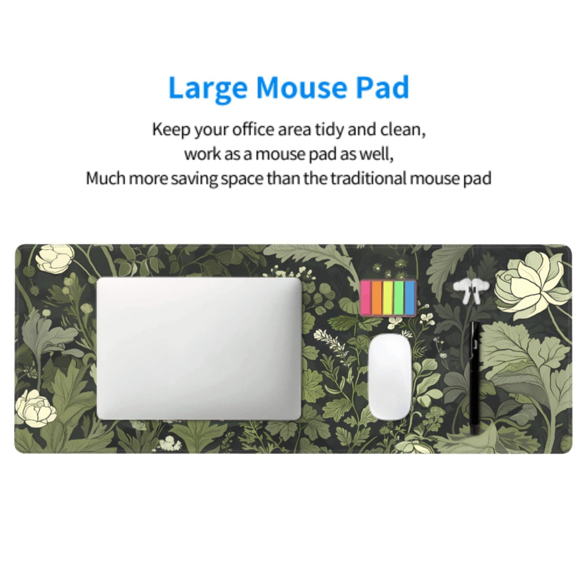 Sage Green Floral Mouse Pad XXL 35.4 X 15.7 Inch Plant Flower Pattern Botanical Design Extended