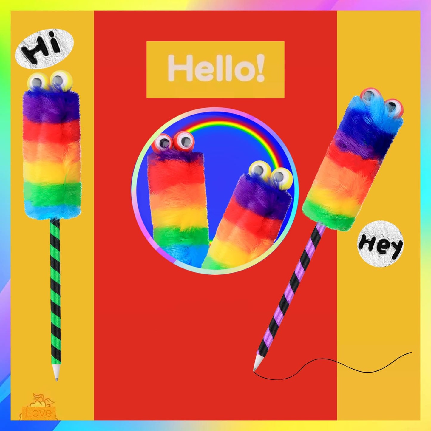 Abhay 6 Pack Big Eyes Fluffy Colorful Rainbow pom pom Pens for Girls - Party Supplies