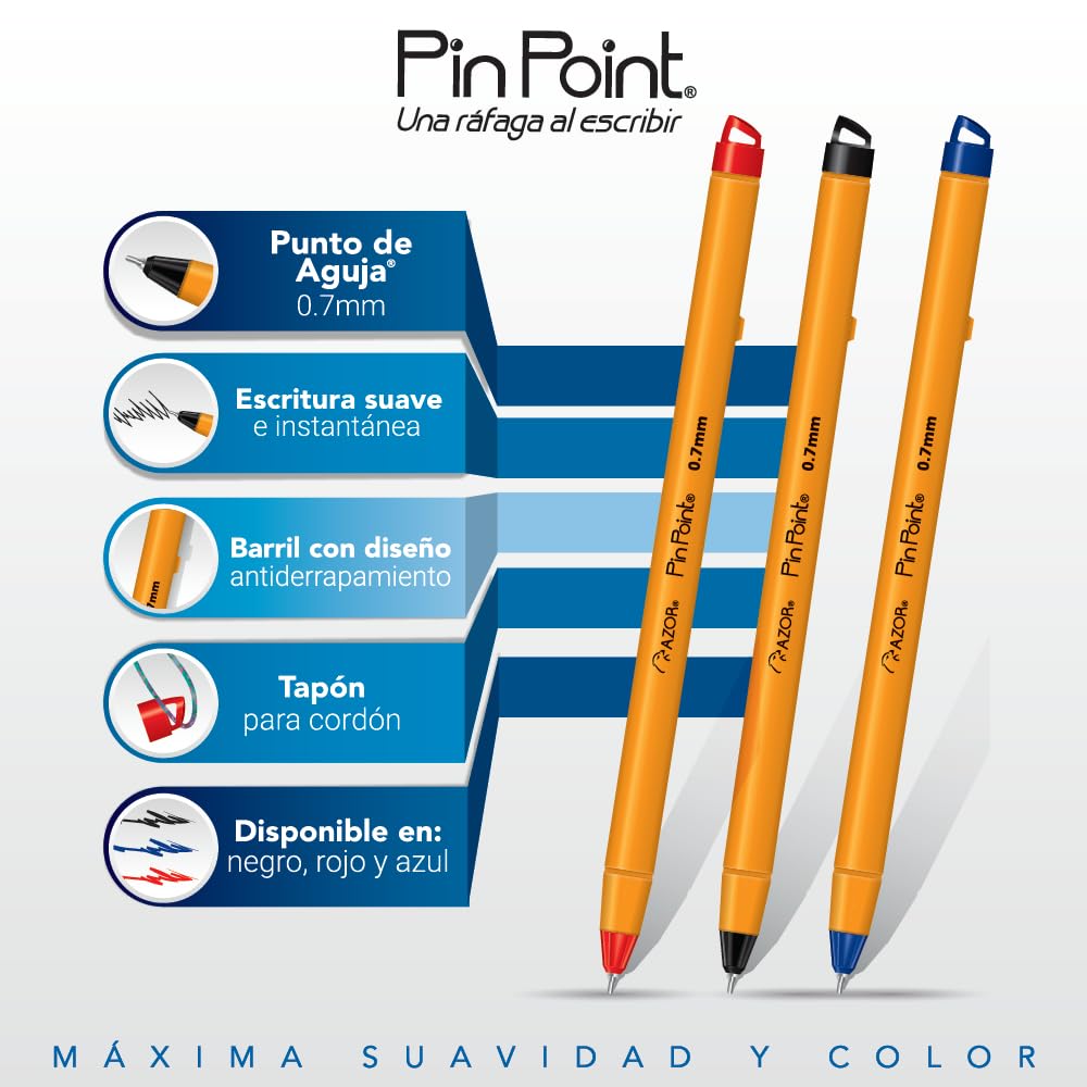 AZOR Pin Point Fine Tip 0.7 mm Ballpoint Pens Black Blue Red Ink, 50 Pack
