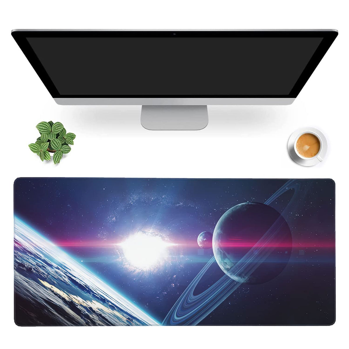 Planets and Nebula in Space Extended Gaming Mouse Pad Large Desk Mat with Non-Slip Rubber Base and