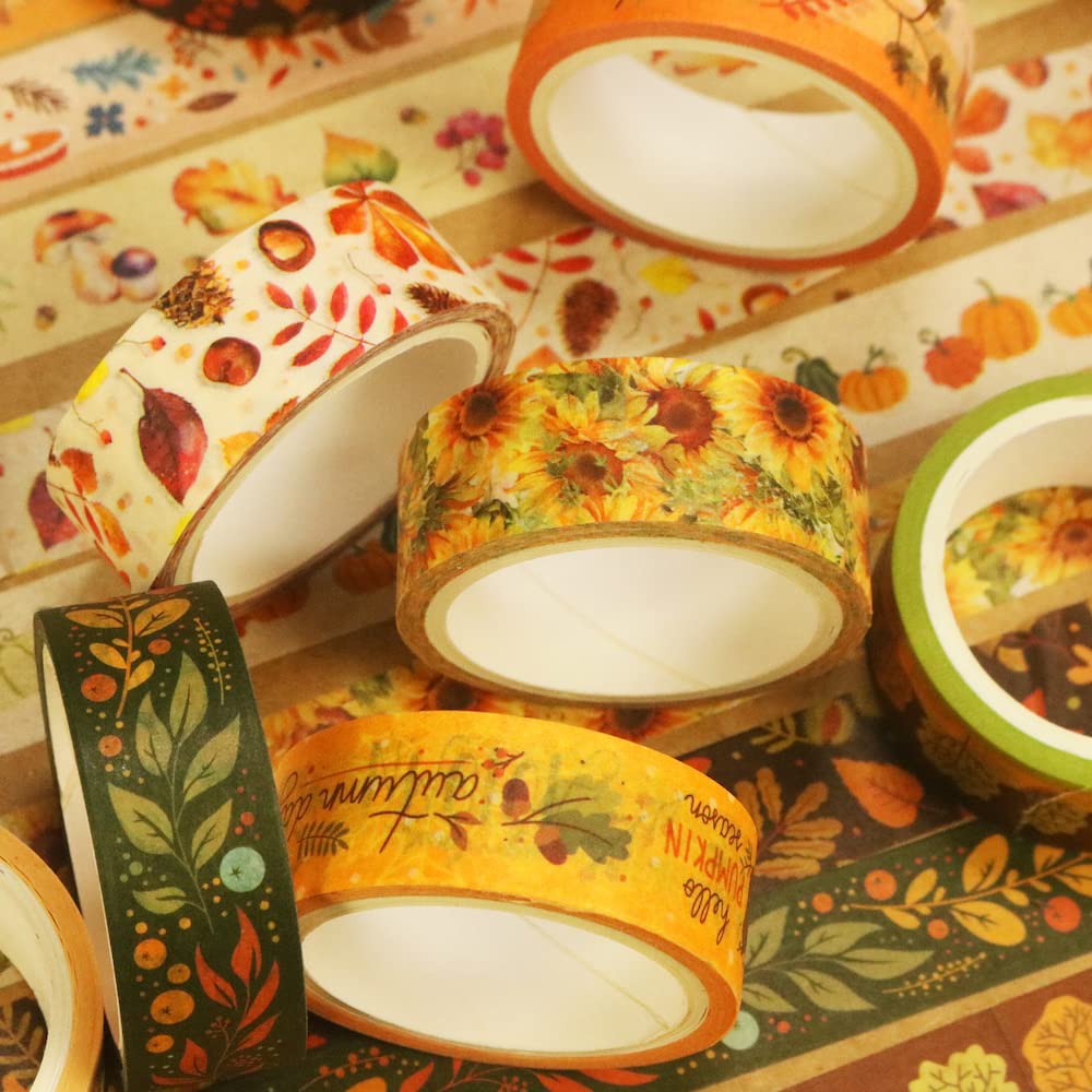 YUBBAEX 10 Rolls Four Seasons Washi Tape Set Yellow Leaves & Flowers Masking Decorative Tapes