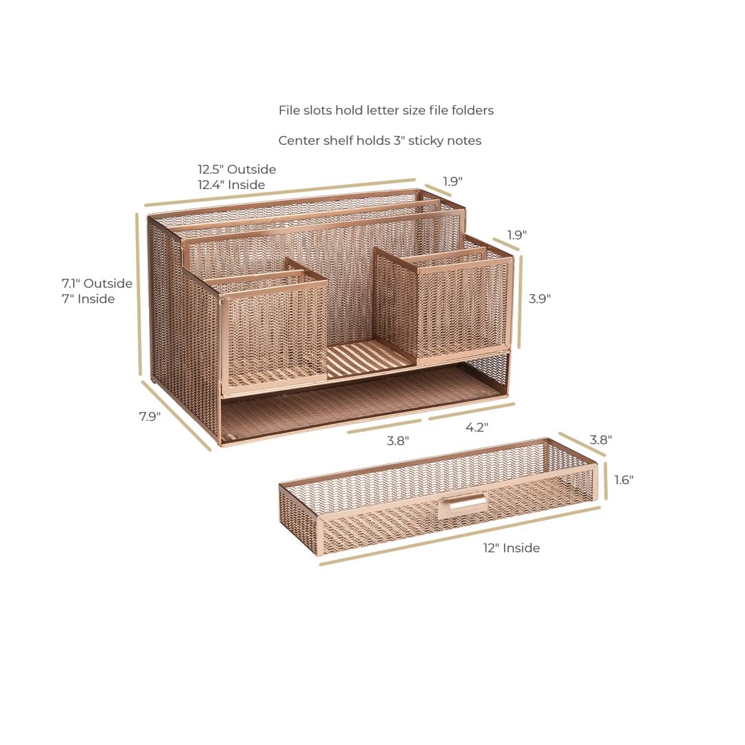 BLU MONACO | Rose Gold Desk Organizer with Sticky Note & File Holder | Metal Mesh Desktop Organizer