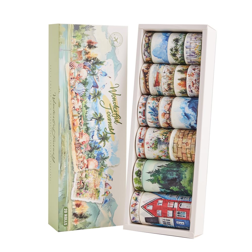 icceemee 20 Rolls Seaside Theme Washi Tape Set with Different Colorful Patterns, Writable