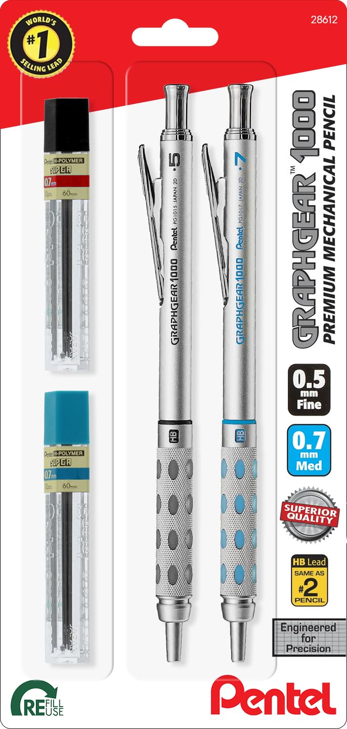 Pentel GraphGear 1000 Automatic Drafting Pencil - Metal Mechanical Pencils 0.5 and 0.7mm with
