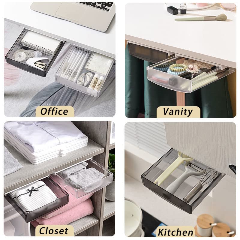 SOUJOY 3 Pack Under Desk Drawer, Self-Adhesive Slide Out Organizer Tray, Plastic Stick On Table