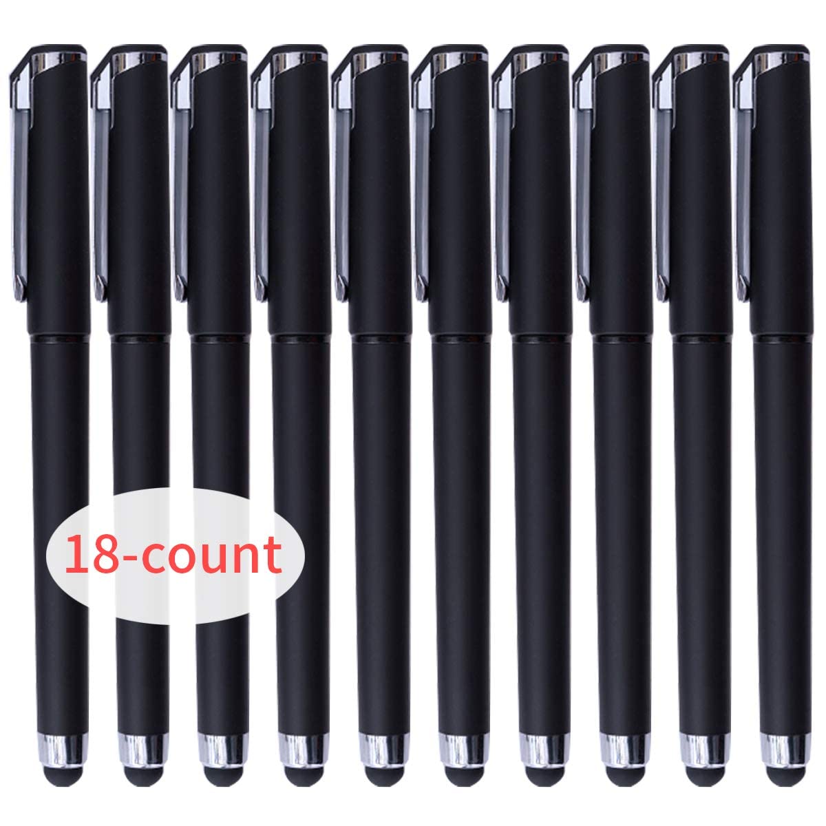 Black Gel Ink Rollerball Pens 0.7mm 2-in-1 Stylus Pens, 18 Pack-Black