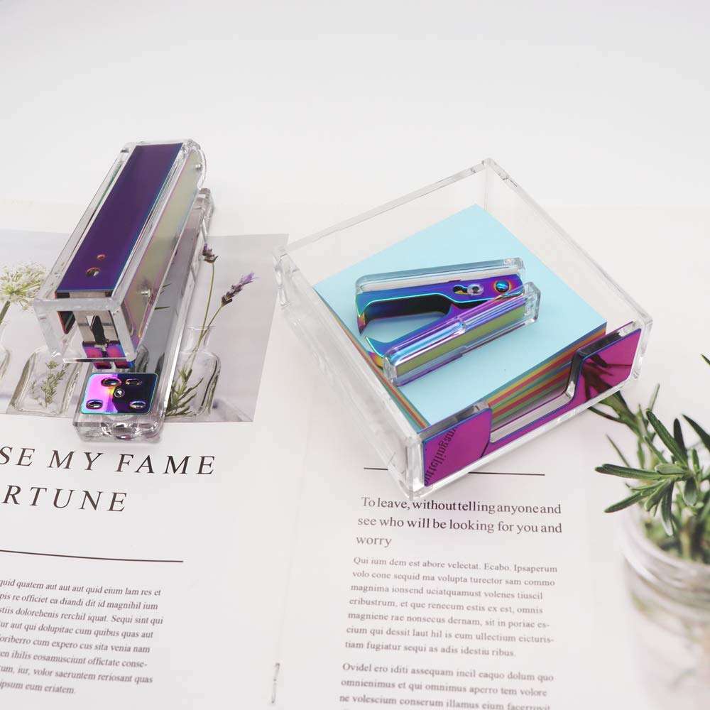 Clear Acrylic Body Colorful Metallic Tone Memo Holder and Staples Remover Set Self-Stick Note Cube