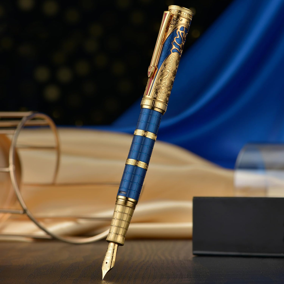 HONG DIAN D5 Qin Dynasty Fountain Pen Blue Gold, Fine Nib Piston Filling Pen, Retro Chinese Totem