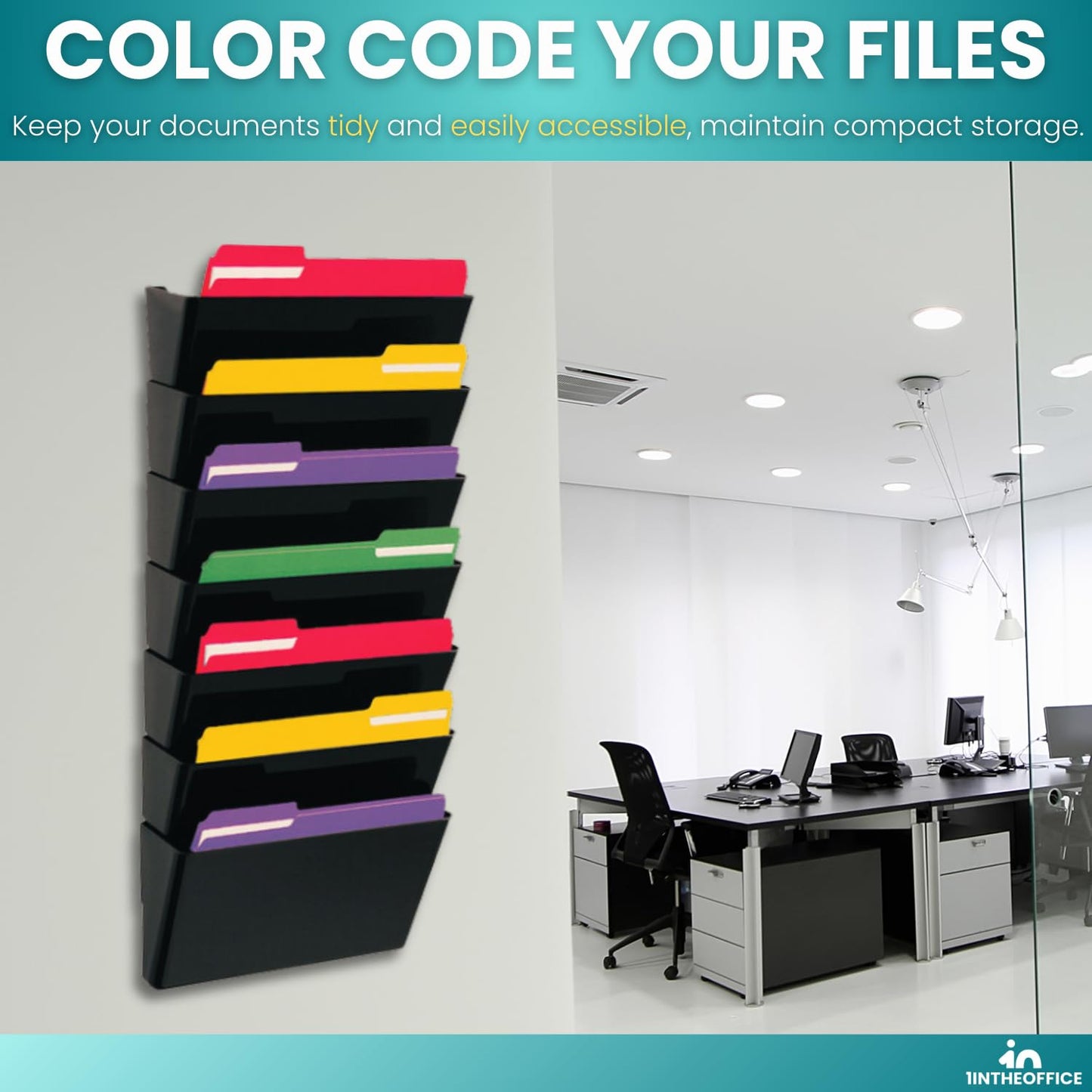 1InTheHome Hanging Wall File Organizer, Wall Mounted File Holder, Letter Size, 7 Pocket