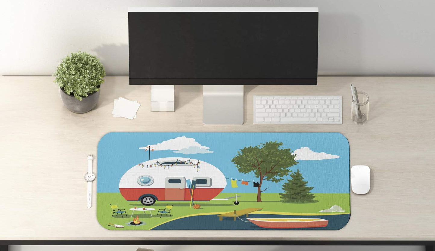 Lunarable Happy Camper Computer Mouse Pad, Cartoon Fishing Trip Scene Caravan Boat Pit Camping
