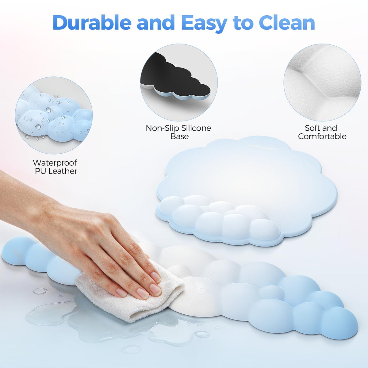 TECKNET Cloud Mouse Pad with Wrist Rest, Ergonomic Cloud Wrist Rest with Non-Slip Base, PU Leather