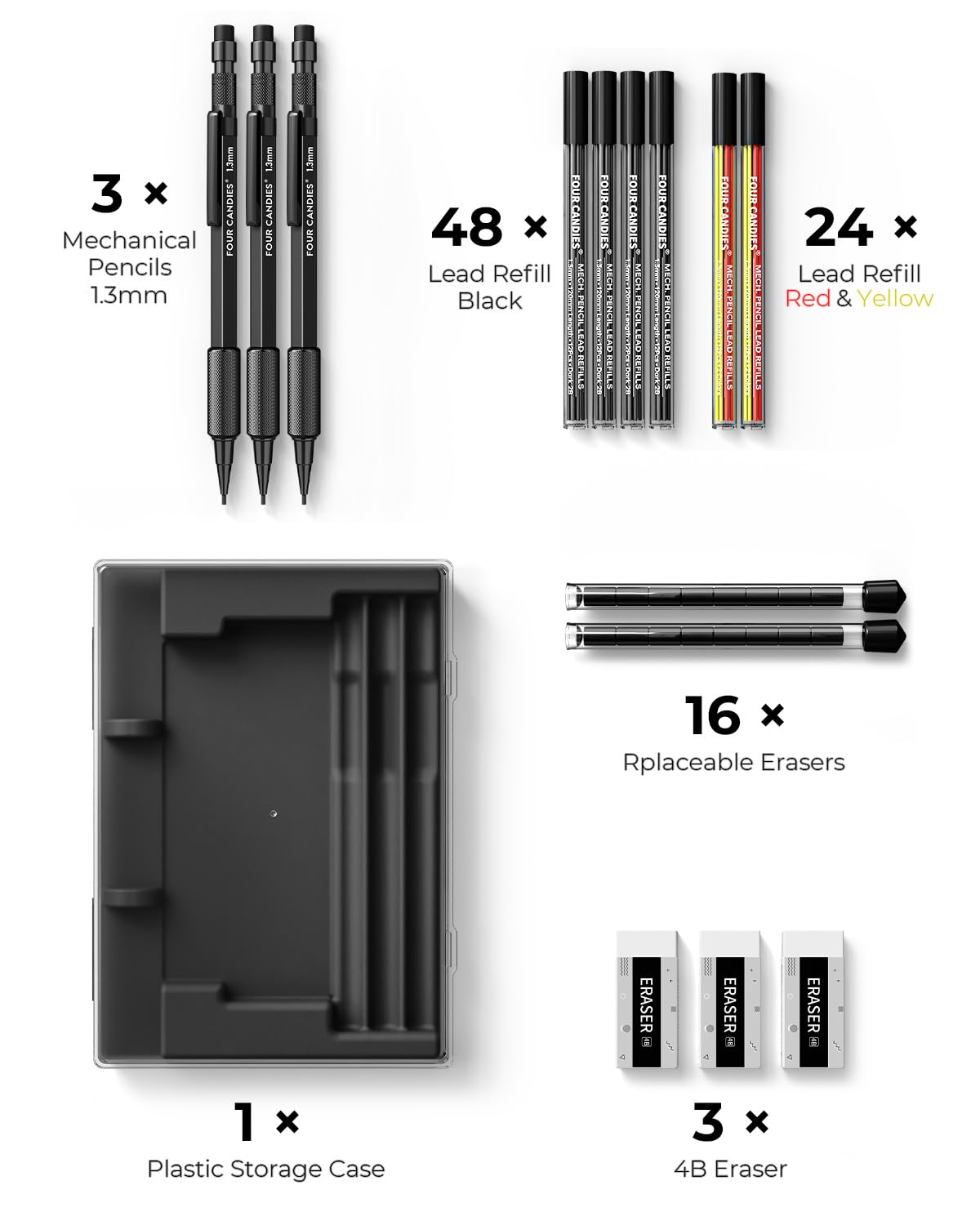 Four Candies 3PCS 1.3mm Metal Mechanical Pencil Set with Case (Black)
