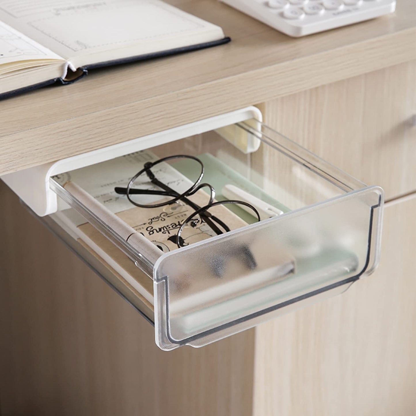 OSPNIEEK Self-adhesive Under Desk Drawer Organizer, 2 Pack Table Hidden Slide Out Large Storage