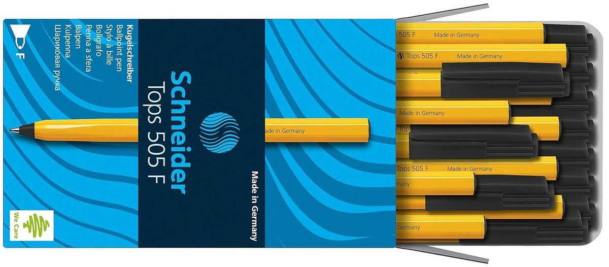 Schneider Tops 505 Ballpoint Pen with Clip Cap and Stainless Steel F Tip Black Pack of 50
