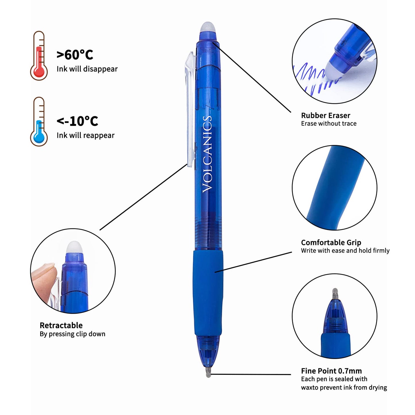 Volcanics Retractable Clicker Erasable Gel Pens - 0.7mm Ball Point, Heat Erase with Built-in