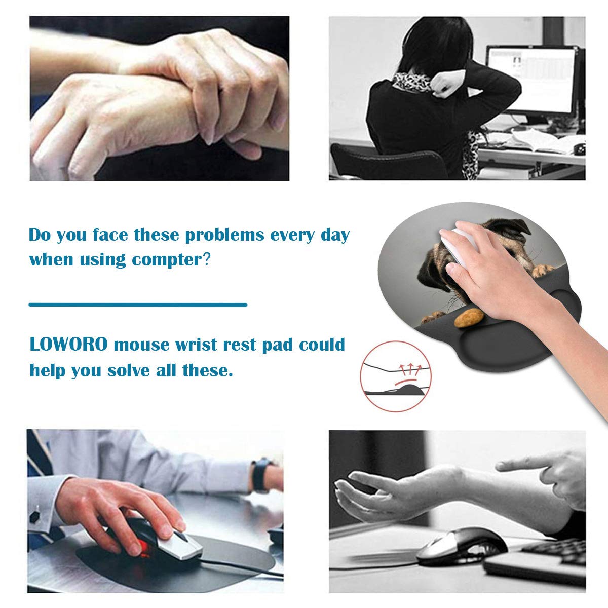 LOWORO Ergonomic Mouse Pad Wrist Support with Coasters Set, Cute Large Wrist Rest Pad with Non-Slip