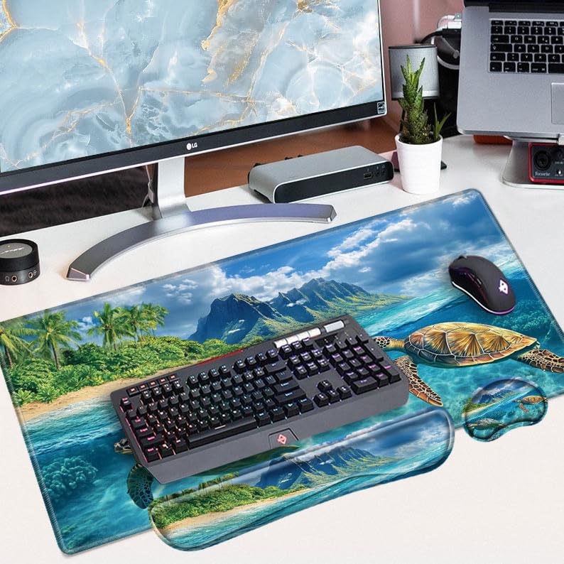 Sea Turtle Mouse Pad and Keyboard Wrist Rest Large Desk Mat Set Gaming Mousepad with Wrist Support