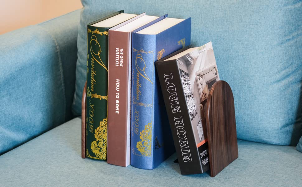 Large Bookend Hold Heavy Books-7x4x5in 2 Pack Non-Skid Wood Bookends Walnut