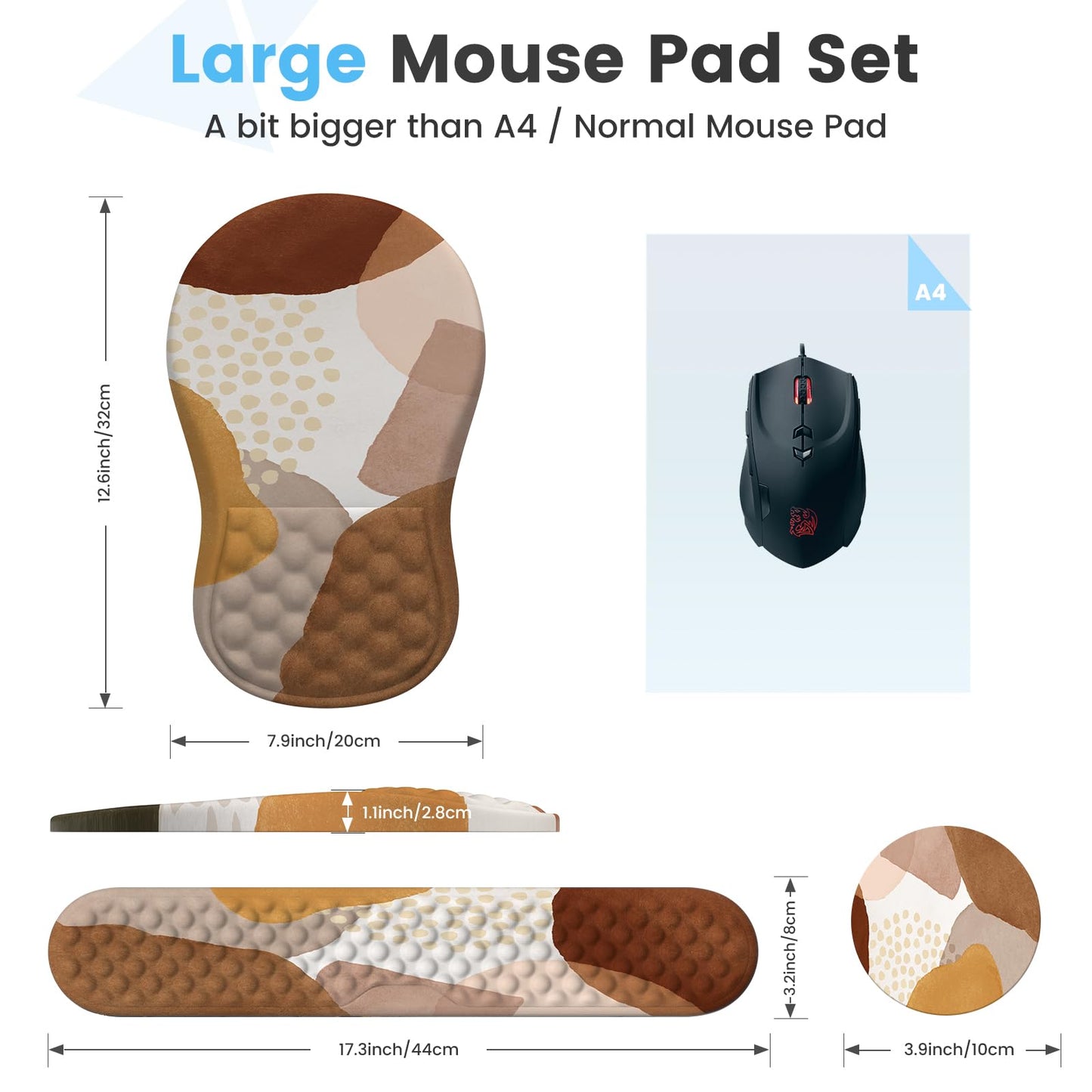 HAOCOO 3-Pcs Ergonomic Desk Pad Set with Wrist Support, Coffee Boho
