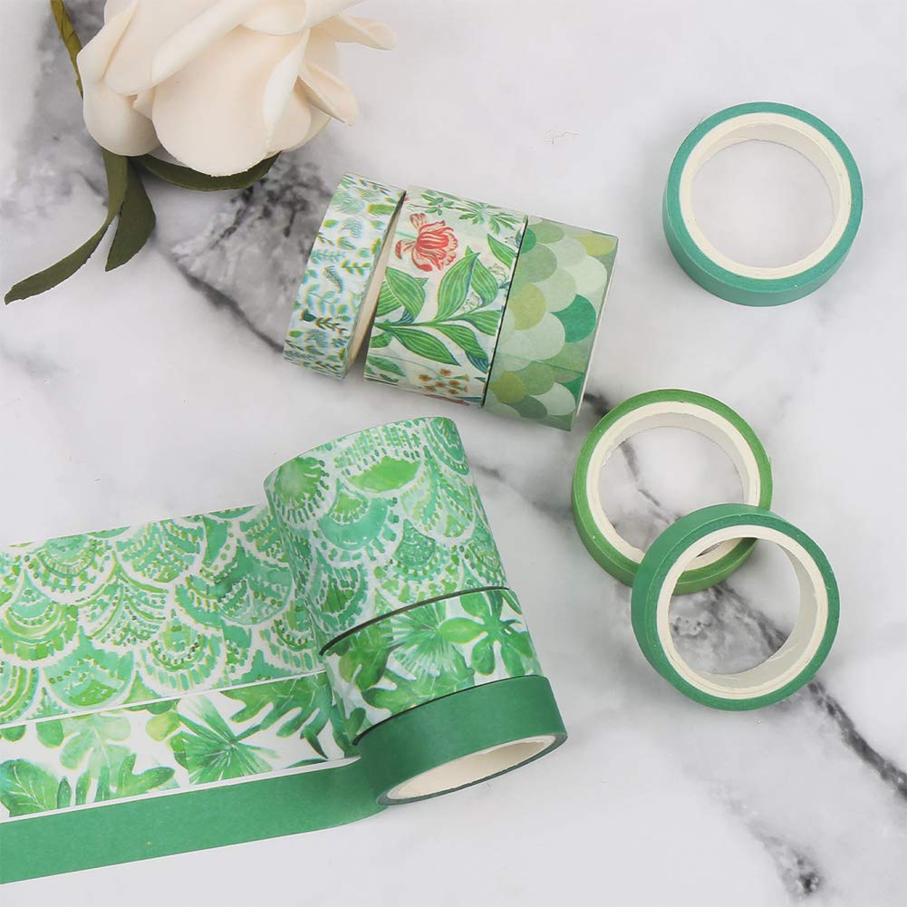 CCINEE 12 Rolls Green Washi Tape Set,Tropical Greenery Leaves Masking Tape for Bullet Journal