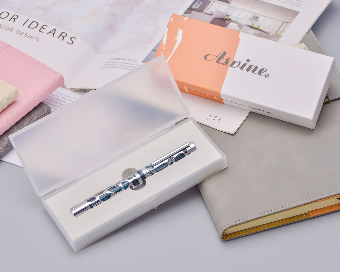 Asvine V169 Vacuum Filling Fountain Pen Medium Nib, Water Drop Skeleton Transparent Gray Blue