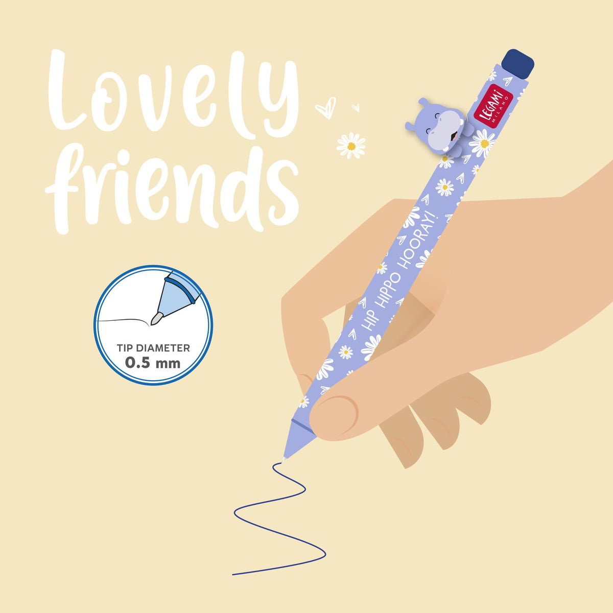 Legami - Gel Pen with Decorative Animal - Lovely Friends, Hippo Theme, Avoid Rolling, Blue Ink