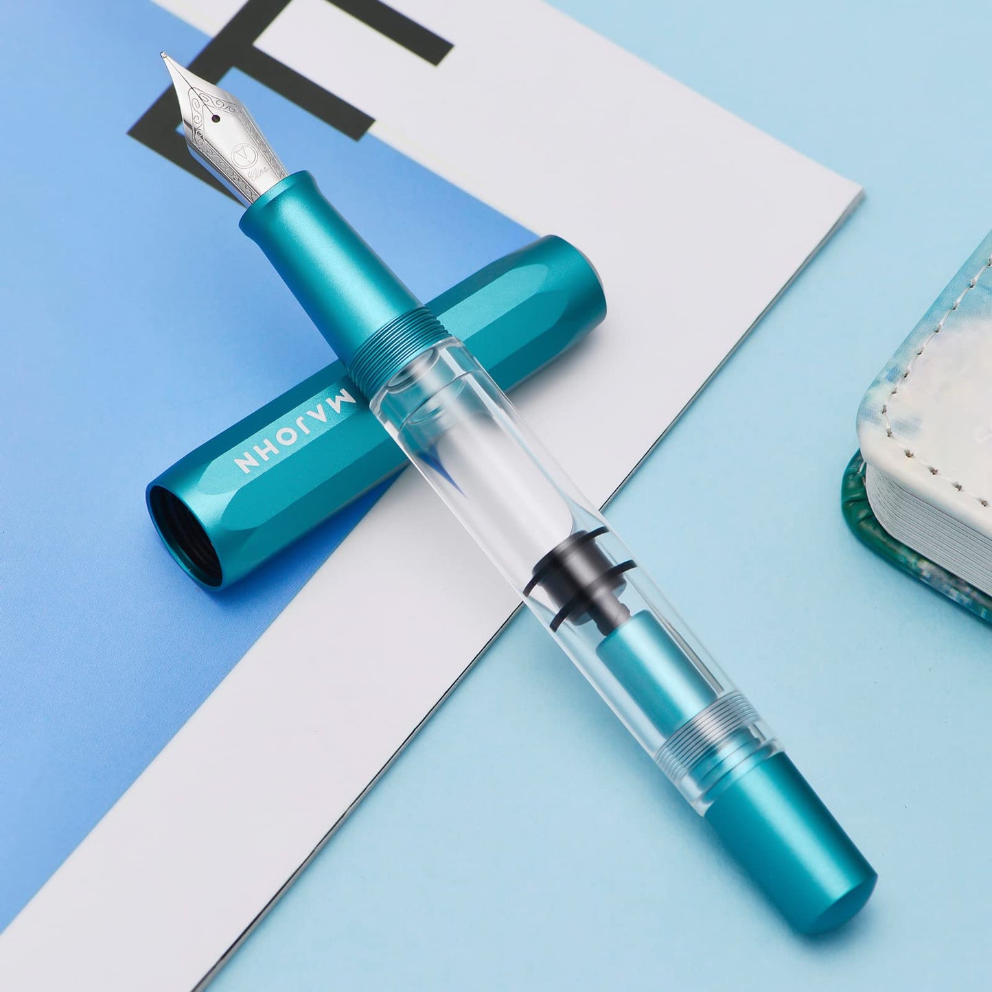 Majohn T1 Piston Fountain Pen Fine, Blue Aluminium Clear Acrylic Large Ink Capacity Writing Pen Box
