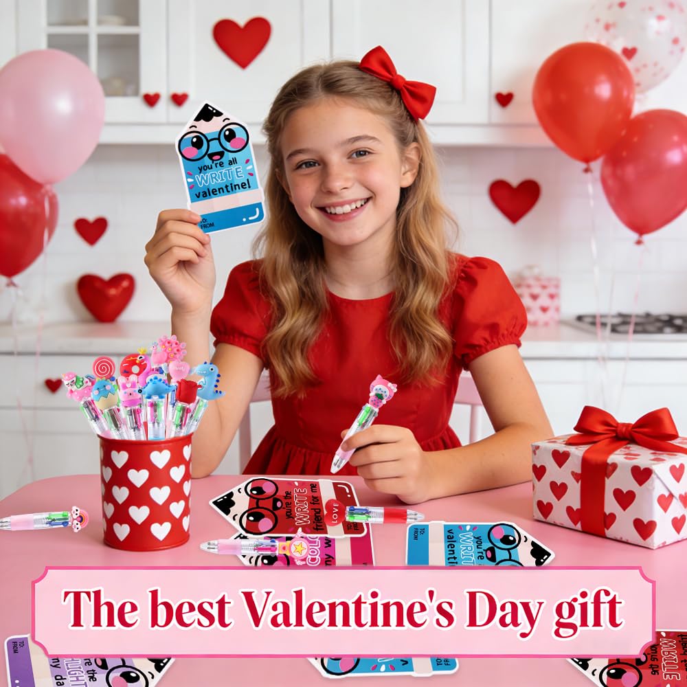 30 Pack Valentines Fun Pens with Cards Cute Multicolor 4-in-1 Gift Pens
