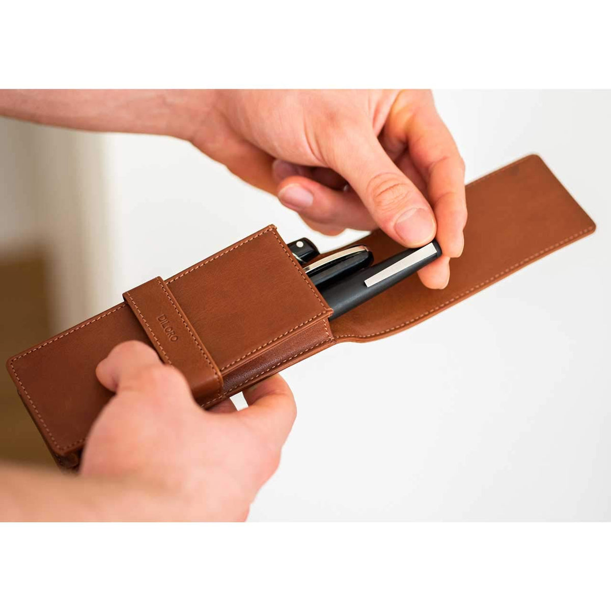 DiLoro Leather Triple Pen Case Pencil Pouch Holder for Three Fountain Ballpoint Rollerball Pens and
