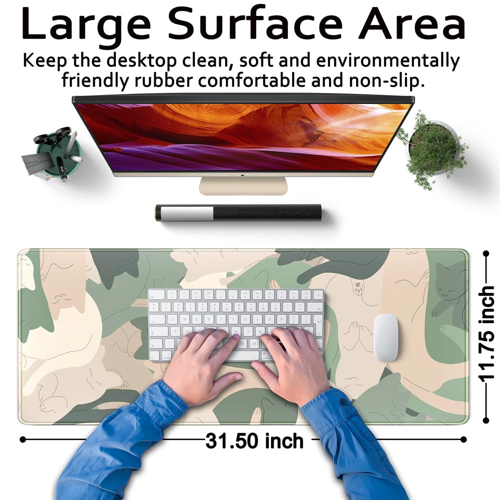 Green Simple Cat Desk Mat Sleeping Cute Long Cool Mouse Pad for Laptop Gaming Computer Keyboard Pad